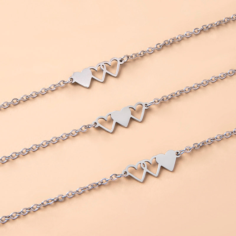 Love Heart Charms Chain Bracelets 3 Pack
