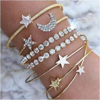 Moon Stars Cuff Bracelets Bangles 4 Pack