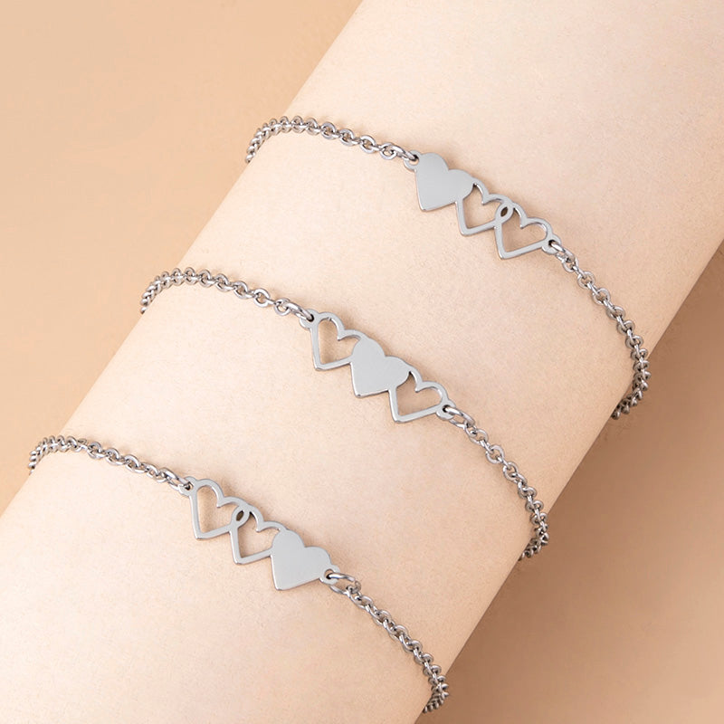 Love Heart Charms Chain Bracelets 3 Pack